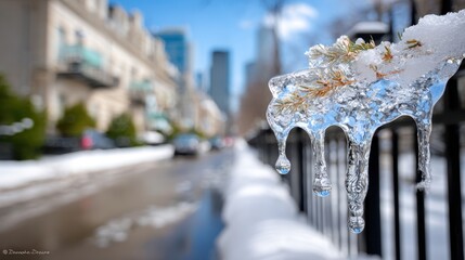 Clear ice formations on metal pole near urban apartment walkway in winter