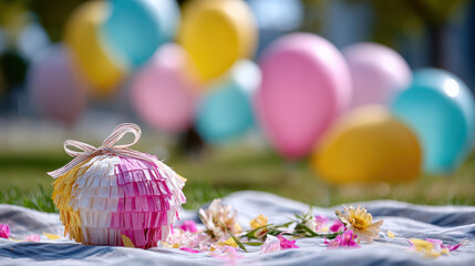 Colorful birthday pi&ntilde;ata and balloons by picnic blanket for celebration