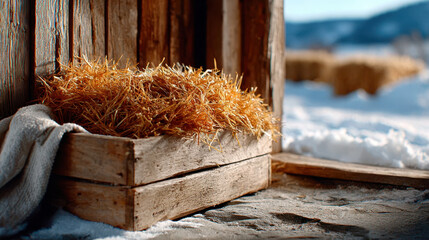 Winter barn scene with hay in wooden manger trough amidst snow-covered rustic setting