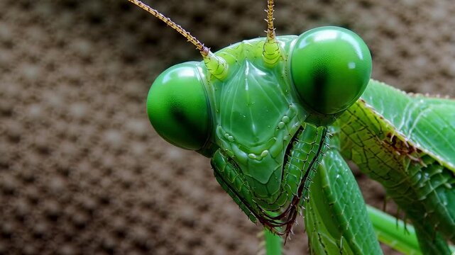 Realistic macro view of green mantis head with triangular shape and large eyes looking at camera with swaying movement