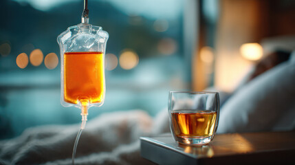 Plasma bag for transfusion hanging on metal stand in medical setting