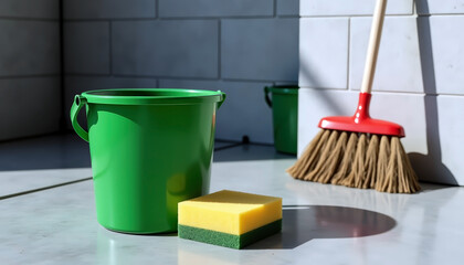 Spring cleaning essentials with bucket, sponge, and broom in sunlit room for home and kitchen maintenance
