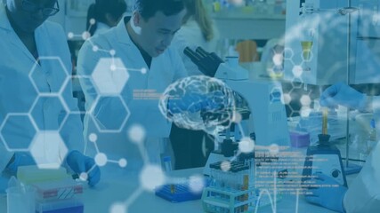 Animation of scientific data processing over diverse scientists in laboratory - Powered by Adobe