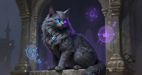 Mystical Long-Haired Gray Fantasy Cat with Glowing Blue and Purple Heterochromia Eyes and Magical Amulet Sitting on Ancient Stone Ruins with Arcane Neon Runes and Symbols in a Dark Gothic Setting