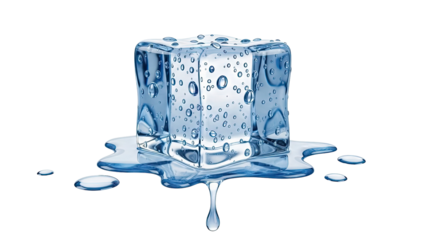 Melting Ice Cube with Water Droplets and Puddle