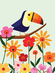 Toucan bird standing on a branch of tree vector illustration. Exotic birds for childrens design of prints, posters, cards.