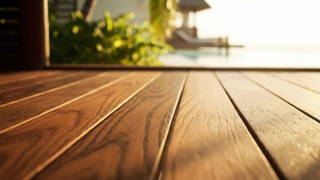 Warm wooden deck bathed in golden sunlight overlooking a tranquil tropical resort with lush greenery and clear blue water A serene escape awaits