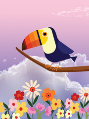 Toucan bird standing on a branch of tree vector illustration. Exotic birds for childrens design of prints, posters, cards.