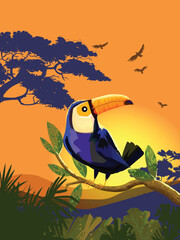 Toucan bird standing on a branch of tree vector illustration. Exotic birds for childrens design of prints, posters, cards.