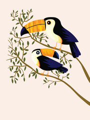 Toucan bird standing on a branch of tree vector illustration. Exotic birds for childrens design of prints, posters, cards.