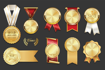 Realistic medal set. Award golden medals 3d vector realistic illustration. Medal icon set. First place medals or buttons