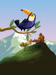 Toucan bird standing on a branch of tree vector illustration. Exotic birds for childrens design of prints, posters, cards.
