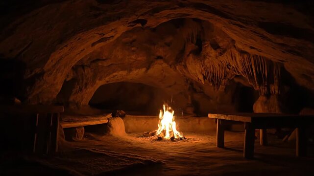 A warm campfire glows in a rustic interior igniting a sense of primal comfort and ancient living amidst natural materials and a cozy atmosphere