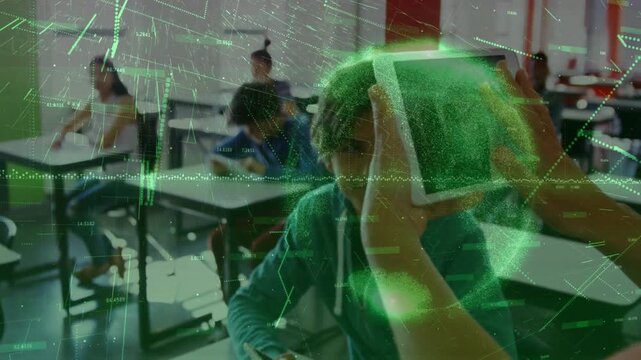 Teacher raising tablet over teenager at desk, scanning face with expanding green holographic grid