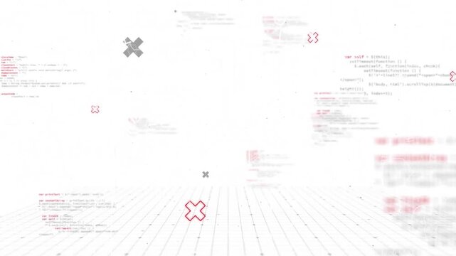 After fading in, X icons and code panels drifting, glowing and converging, visualizing data flow