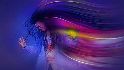 Futuristic artwork abstract portrait of smiling woman with flowing light trails. Concept of...