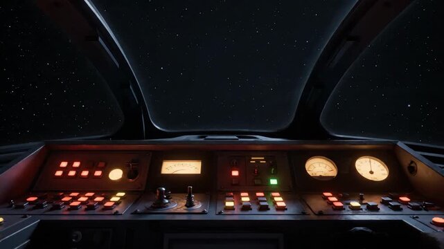Astronaut's control panel illuminated in the cockpit of a spacecraft flying through the dark vastness of outer space at night from a forward viewpoint