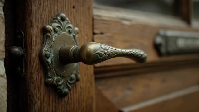 An ornate vintage brass door handle with intricate detailing affixed to a weathered wooden door showcasing a sense of history and classic design