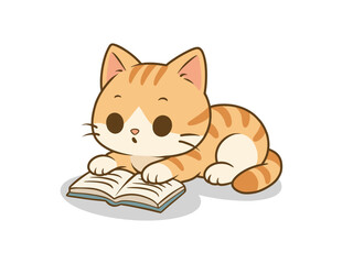 Fototapeta premium Illustration of a cat reading a book, isolated on a white background