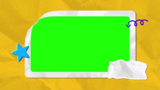 Torn White Paper Sticker with Green Screen Mockup Center on Yellow Crumpled Background for Social Media