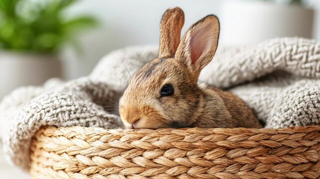 Cute young brown domestic rabbit sitting in woven straw basket with soft knitted blanket on bright blurred home background with green plants, gentle pet care atmosphere