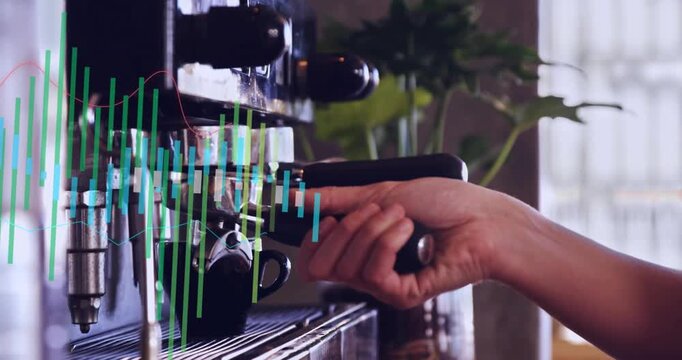 Hand entering, gripping portafilter, unlocking and pulling basket into view as waveform rising