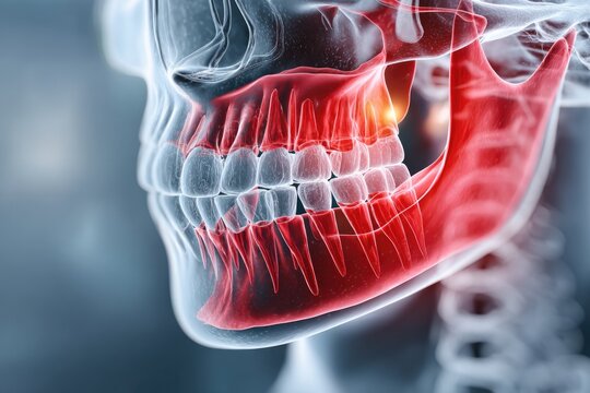 Detailed illustration of jaw anatomy highlighting pain areas in