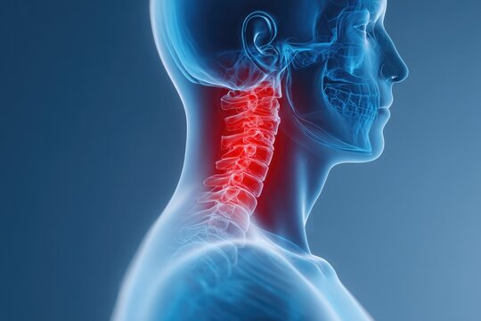 Human neck anatomy highlights red areas indicating pain and tens