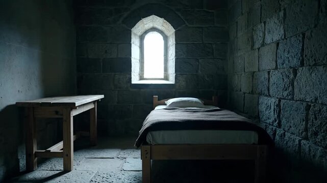 A stark prison cell with stone walls a simple wooden bed and a desk bathed in dim light from a narrow arched window creating a somber atmosphere for confinement
