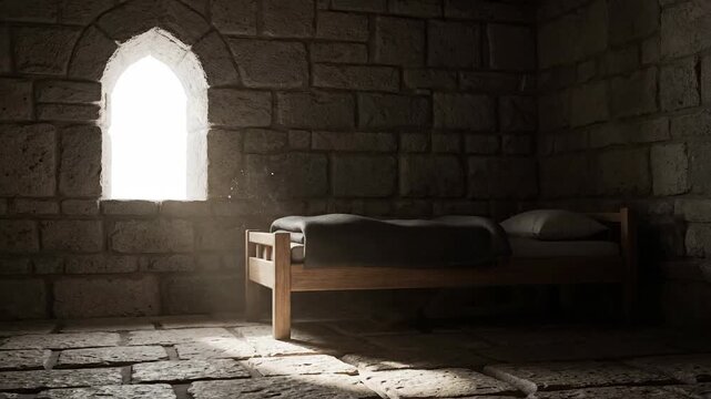 A dimly lit medieval prison cell with stone walls features a simple wooden bed bathed in light from a small arched window The atmosphere is somber and austere