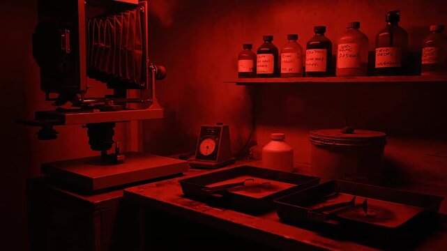 A dimly lit darkroom glows red showing photographic equipment bottles and trays evoking a sense of mystery and creative process