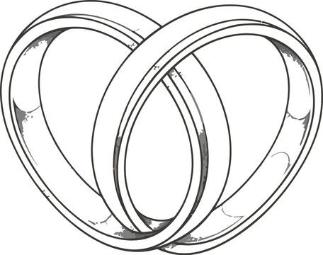 Elegant hand drawn sketch illustration featuring two interlocking silver wedding bands delicately intertwined forming a beautiful heart shape symbol for commitment