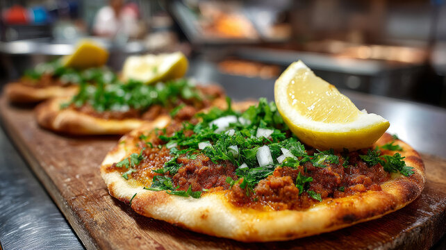 Gourmet flatbread pizza topped with fresh herbs and lemon in restaurant kitchen