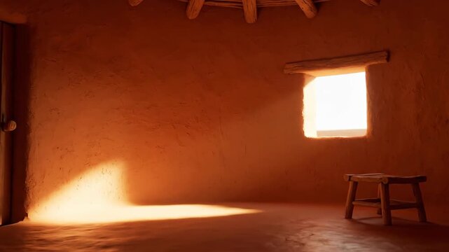 Sunlight streams through a window illuminating an empty rustic room with wooden ceiling beams and a single stool casting a shadow on the clay walls
