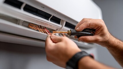 Technician connecting copper wires in air conditioning repair close-up