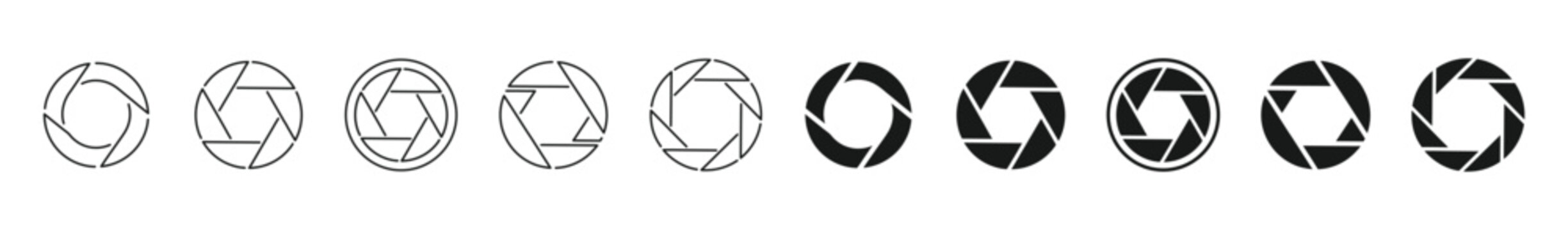 Camera Shutter Icon Set. Photo and Lens Symbols. Aperture Logo Collection, Vector Illustration.