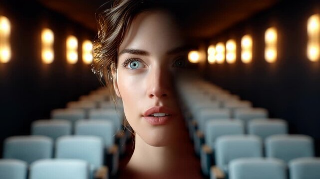 Woman with light brown hair and blue eyes gazes thoughtfully in a dimly lit cinema, with rows of empty blue seats and warm wall lights creating an inviting atmosphere