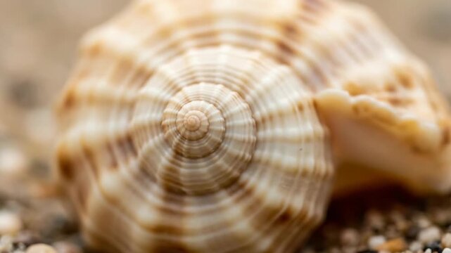 A detailed close up of a spiral seashell resting on coarse sand The natural pattern and texture of the shell are highlighted