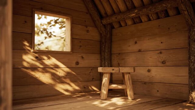 Sunlight streams into a rustic wooden cabin illuminating a small stool and casting intricate shadows on the weathered walls and floor