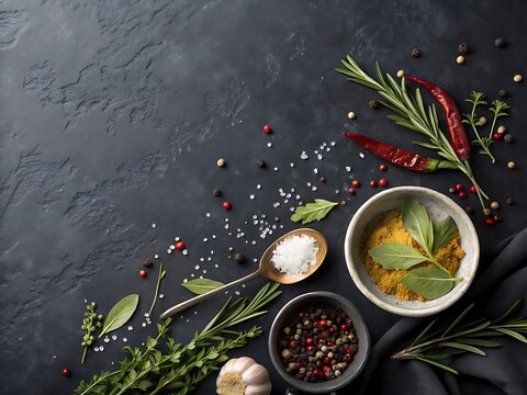 Fresh herbs and spices on wooden background for using in spices selling brands marketing.