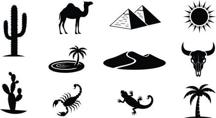 A comprehensive collection of black silhouette icons representing diverse desert elements © Milon Store