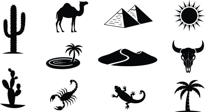 A comprehensive collection of black silhouette icons representing diverse desert elements