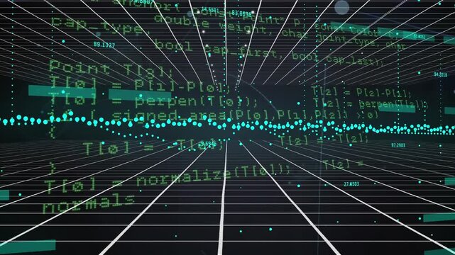 Animation of graphs and data processing in black and violet digital space