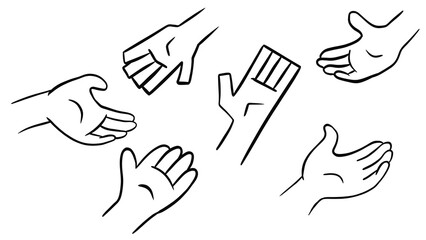 Obraz premium Transparent Graphic: Line Art Illustration of Multiple Open Hands Reaching Out for Assistance, Asking for Help, Isolated on White Background, Vector Art