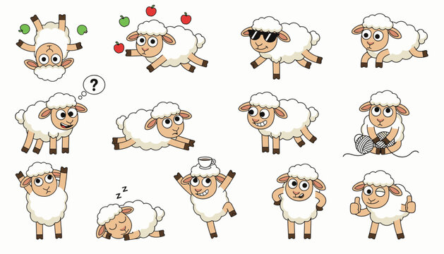 Playful cartoon sheep in various poses and expressions on white background  