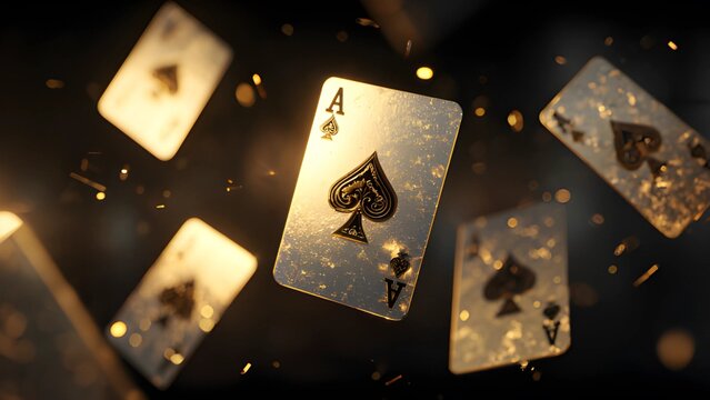 Playing cards, aces of spades confetti in a dark background with golden light and glitter effects. Gambling chips ace cards gold. Golden Ace of Spades playing cards floating on a dark background. 