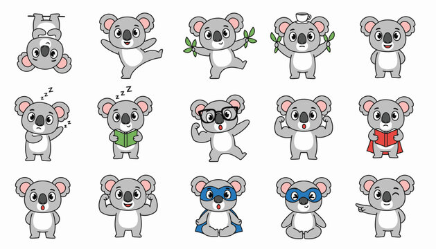 Cute cartoon koala characters in various poses and outfits  