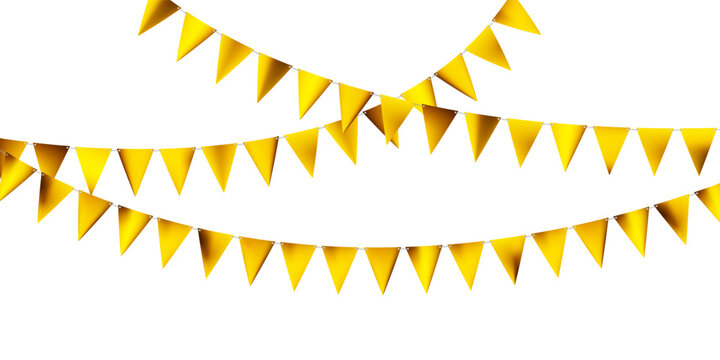 Fair strings of golden festoons for carnival or circus bg on white. Triangle bunting or paper pennunts on ropes. Celebration design. Festive background. Carnaval event banner. Vector illustration.