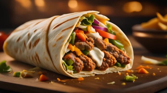 Stuffed chicken wrap cut open, fresh vegetables visible, warm lighting, shallow depth of field, slow cinematic push in, ultra realistic fast food commercial, 8K UHD