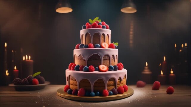 Colorful layered cake with candles, warm festive lighting, soft bokeh background, cinematic movement, joyful celebration concept, detailed texture, 8K UHD